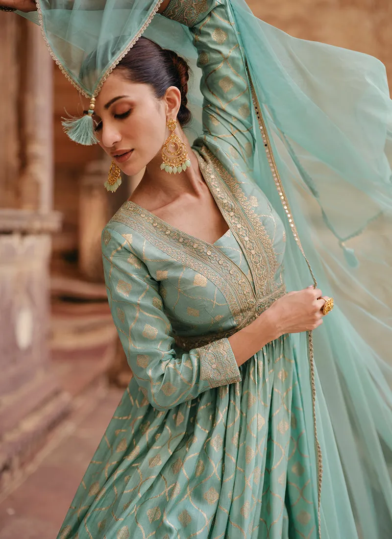 Sea Green Sequence Embroidery Jacquard Silk Anarkali Gown