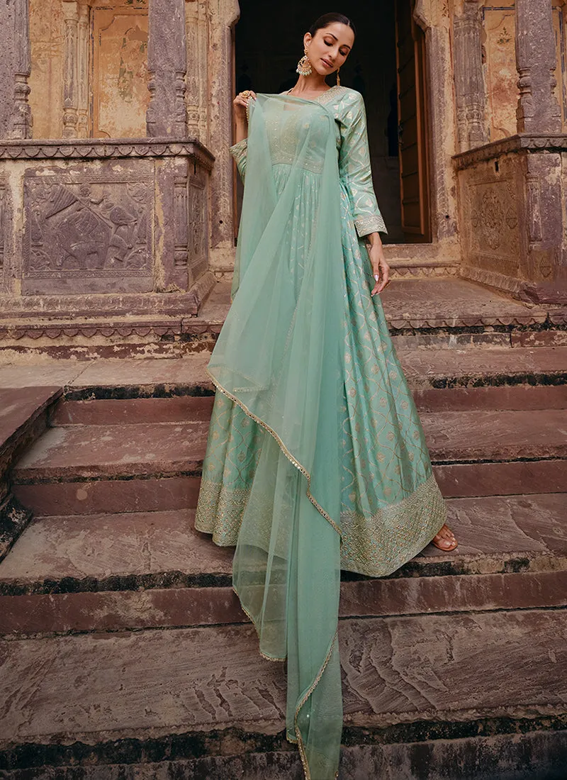 Sea Green Sequence Embroidery Jacquard Silk Anarkali Gown