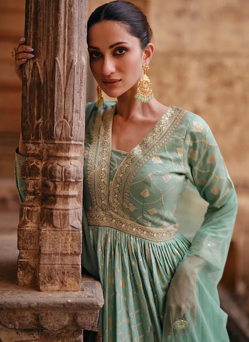 Sea Green Sequence Embroidery Jacquard Silk Anarkali Gown