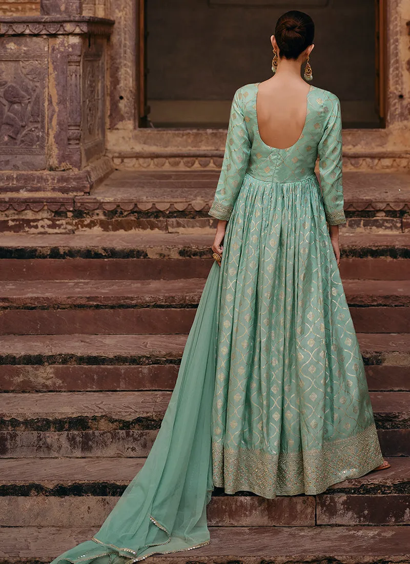 Sea Green Sequence Embroidery Jacquard Silk Anarkali Gown