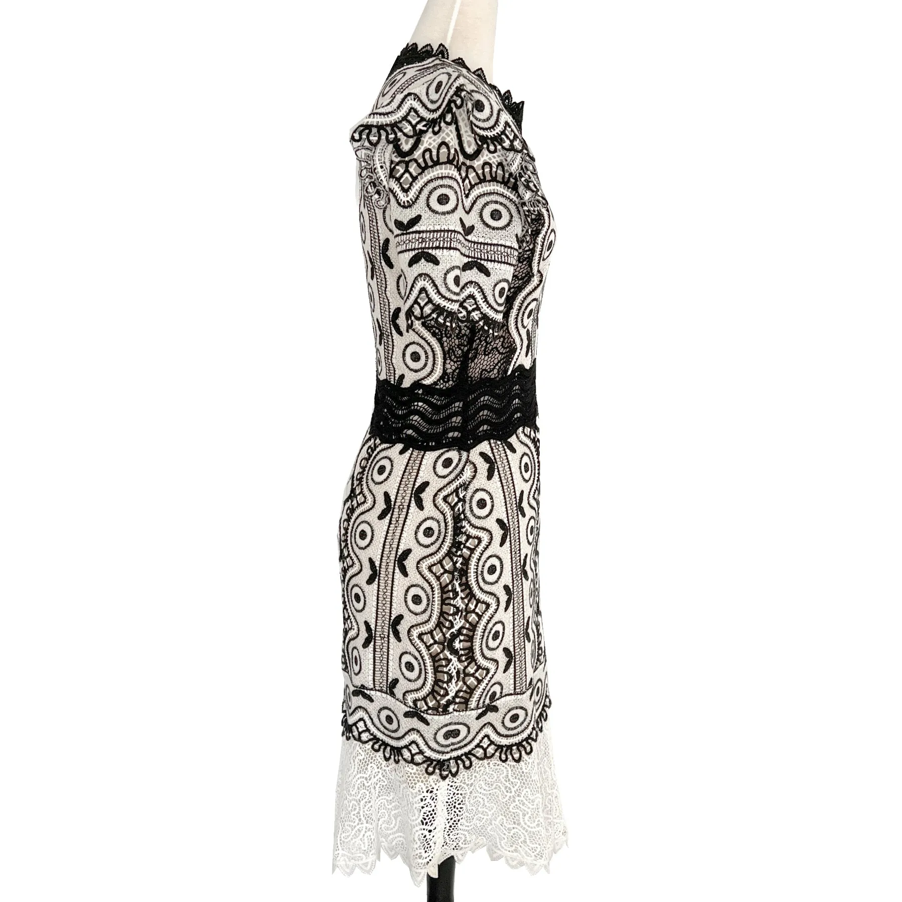 Sea New York Black and White Lola Lace Marcame Knit Assymetrical Hem Dress Size US 6