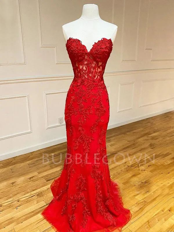 See Throuth Red Appliques Mermaid Lace Long Strapless Evening Prom Dresses, MR7451
