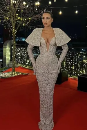 Sequin Mermaid Long Prom Dress with V-Neck and Long Sleeves