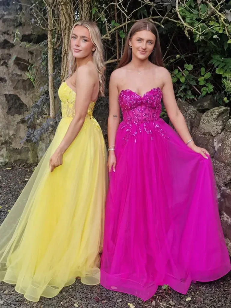 Sequins Fuchsia/Yellow Lace Long Prom Dresses, Strapless Fuchsia/Yellow Lace Formal  Evening Graduation Dresses