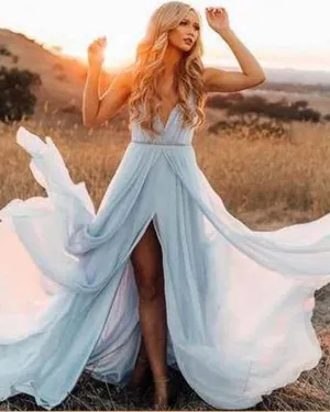 Sexy 2019 Light Blue Chiffon Prom Dresses with Split Side Long Prom Gowns Backless