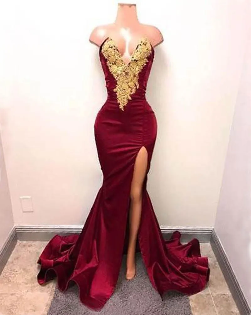 Sexy 2019 Royal Blue Mermaid Prom Dresses with Gold Lace Evening Dresses Party Gowns with Slit
