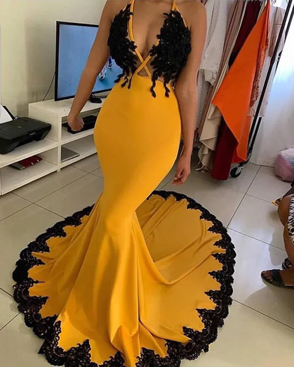 Sexy 2020 Mermaid Yellow Evening Dresses with Black Lace Appliques Formal Dress for African Women