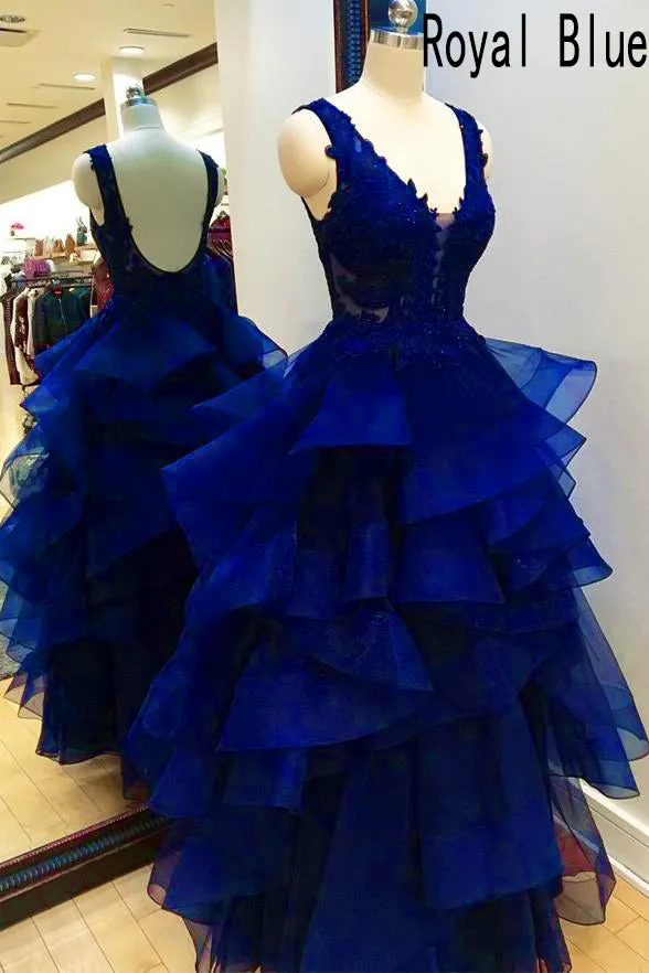Sexy A-line Prom Dresses Tiered Organza Skirt V Neck Navy Blue Backless Evening Gowns Dresses