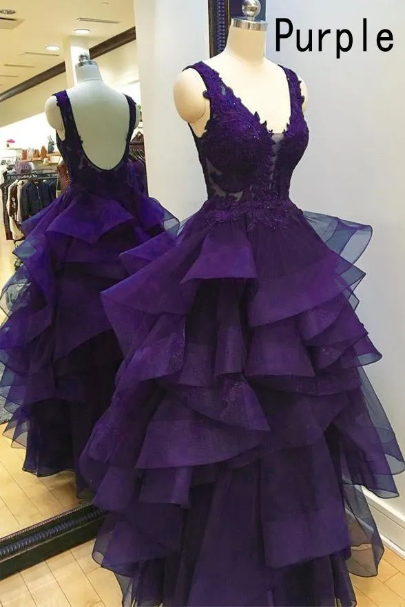Sexy A-line Prom Dresses Tiered Organza Skirt V Neck Navy Blue Backless Evening Gowns Dresses