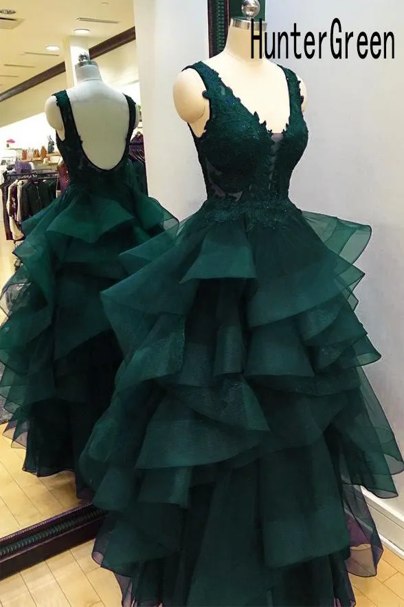 Sexy A-line Prom Dresses Tiered Organza Skirt V Neck Navy Blue Backless Evening Gowns Dresses