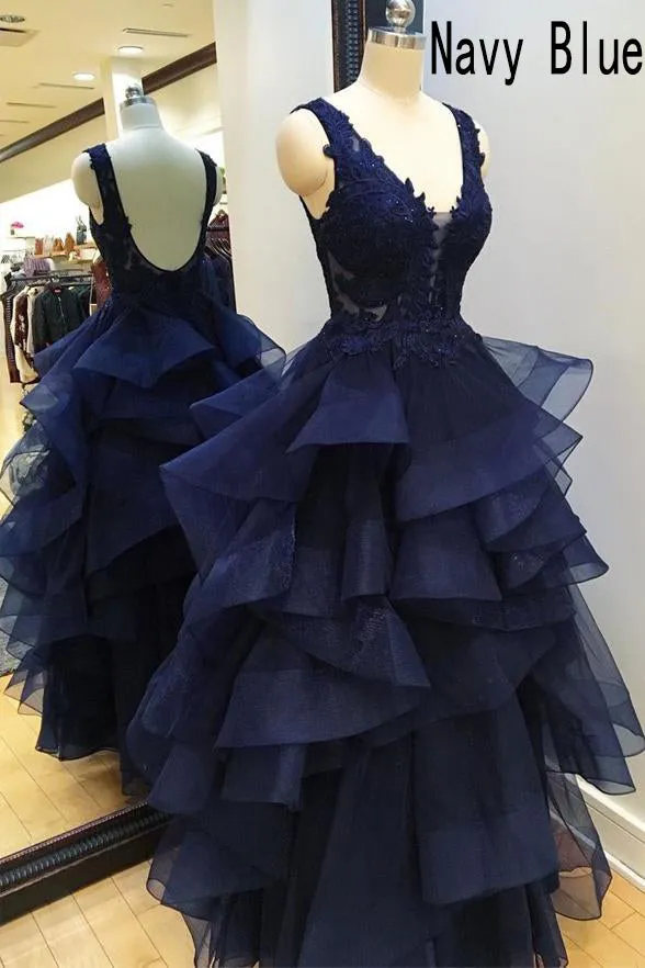 Sexy A-line Prom Dresses Tiered Organza Skirt V Neck Navy Blue Backless Evening Gowns Dresses