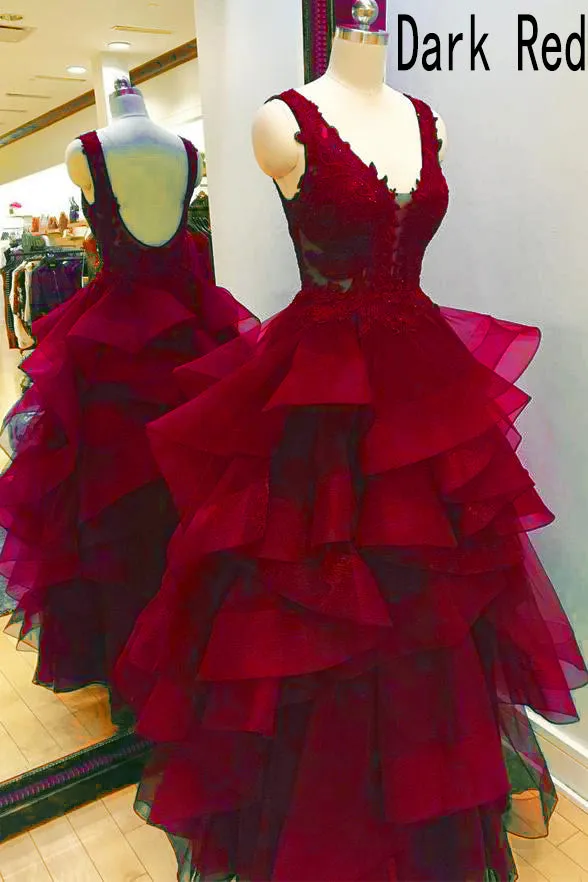 Sexy A-line Prom Dresses Tiered Organza Skirt V Neck Navy Blue Backless Evening Gowns Dresses