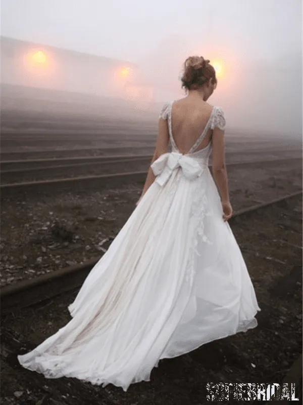 Sexy Backless Cap Sleeve V Neck A-line Chiffon Beach Wedding Dresses Online, WD351
