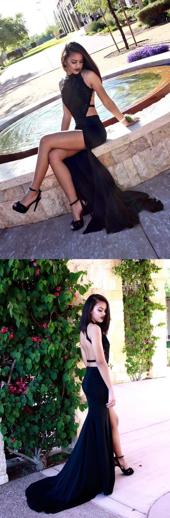 Sexy Black Halter Sleeveless 2016 Prom Dresses Slit with Appliques-323542