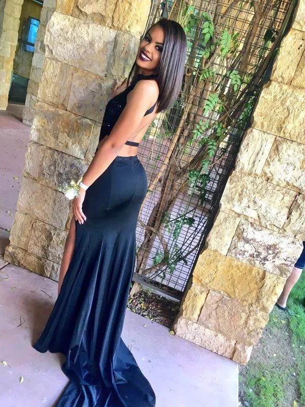 Sexy Black Halter Sleeveless 2016 Prom Dresses Slit with Appliques-323542
