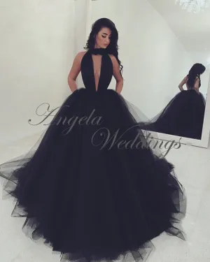 Sexy Black Tulle Prom Dresses with V-Neck Party Dress 2020