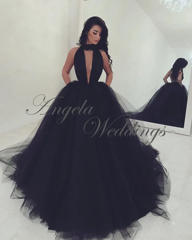 Sexy Black Tulle Prom Dresses with V-Neck Party Dress 2020
