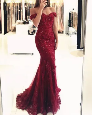 Sexy Burgundy Lace Mermaid Prom Dresses 2020 Floor Length