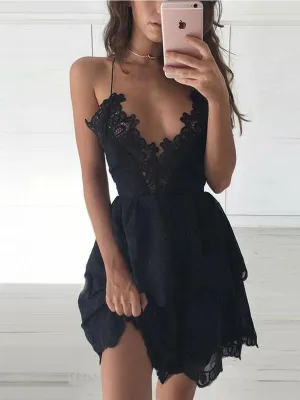 Sexy Deep V-neck Black Chiffon A-line Cheap Short Homecoming Dresses, HDS0023