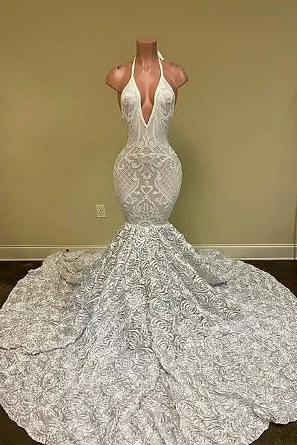 Sexy Hater Deep V-Neck Backless Ivory Prom Dress with Flowers Bottom