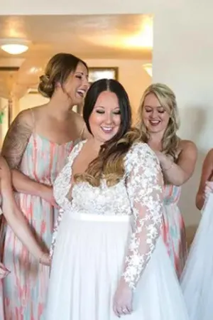 Sexy Plus Size Long Sleeve V Neck Illusion Back Bridal Gown-715439