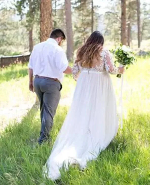 Sexy Plus Size Long Sleeve V Neck Illusion Back Bridal Gown-715439