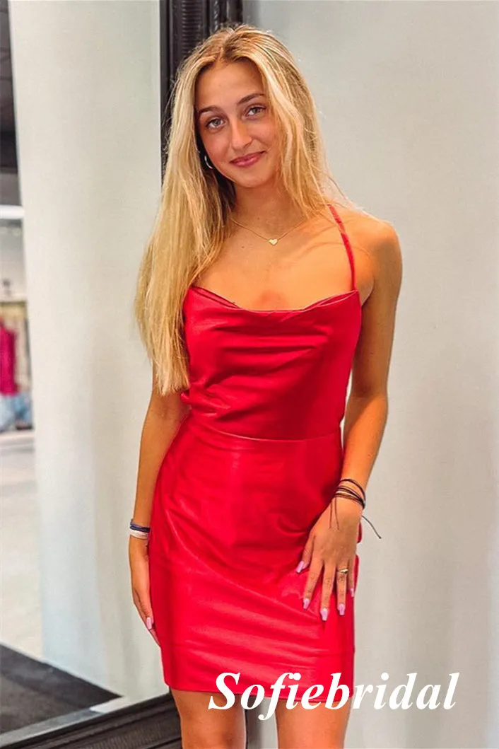 Sexy Red Soft Satin Spaghetti Straps Sheath Mini Dresses/ Homecoming Dresses, HD0254