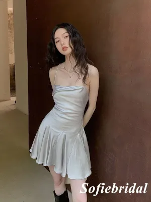 Sexy Silver Elastic Satin Spaghetti Straps Sleeveless Lace Up Back Mermaid Short Prom Dresses/Homecoming Dresses, HD0234
