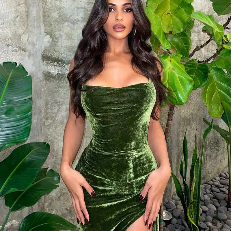 Sexy Spaghetti Straps Mermaid Side Slit Velvet Long Prom Dresses, PDS0285
