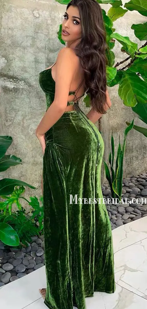 Sexy Spaghetti Straps Mermaid Side Slit Velvet Long Prom Dresses, PDS0285