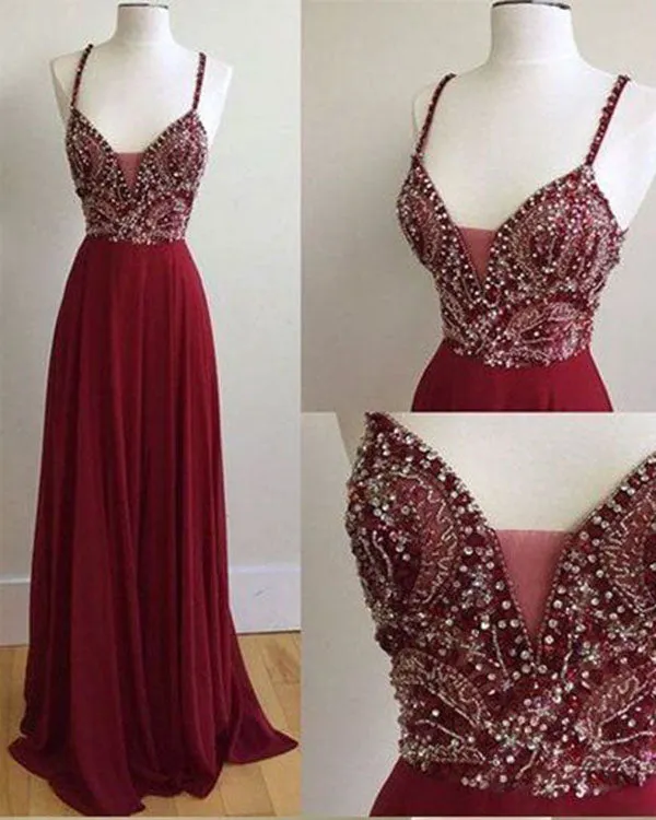 Sexy Spaghetti Straps Red Prom Dresses with Beadings A-line Chiffon Long Party Gowns 2018
