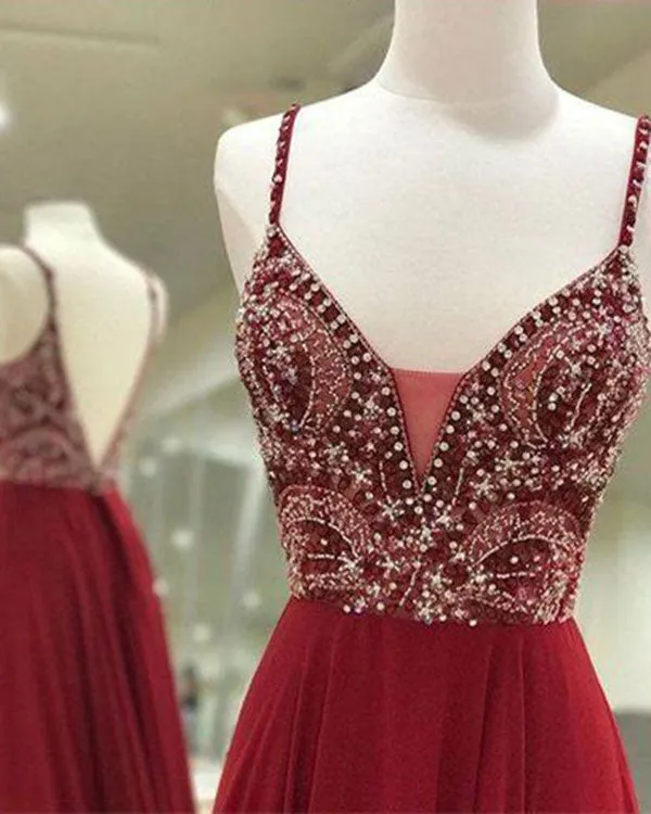 Sexy Spaghetti Straps Red Prom Dresses with Beadings A-line Chiffon Long Party Gowns 2018