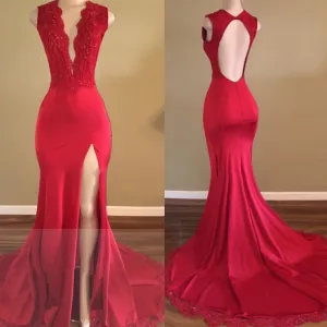 Sexy Split Backless V-neck Lace Red Prom Dresses