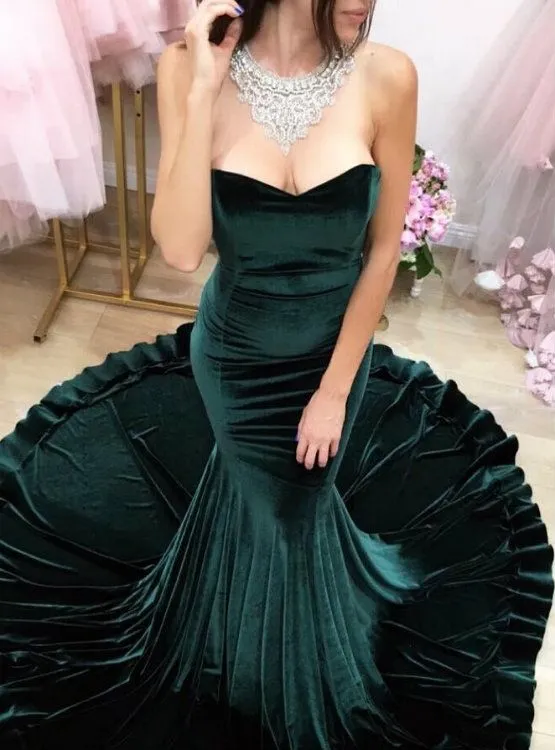 Sexy Strapless Mermaid Evening Dresses Dark Green Velvet 2018 Mermaid Evening Party Gowns