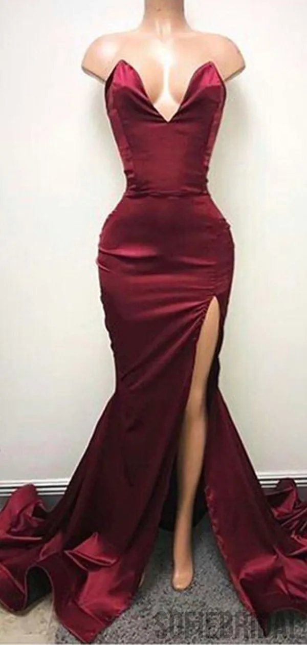 Sexy V-neck Long Mermaid Side Slit Satin Prom Dresses, PD0878