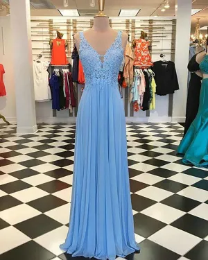 Sexy White Prom Dresses with V-Neck Appliqued Lace Long Chiffon Party Gowns 2020