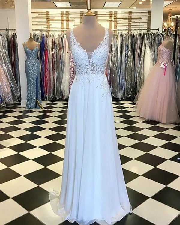 Sexy White Prom Dresses with V-Neck Appliqued Lace Long Chiffon Party Gowns 2020