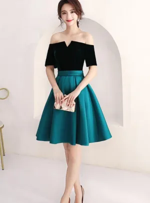 Short Green and Black Off Shoulder Wedding Party Dress, Dark Green Bridesmaid Dress