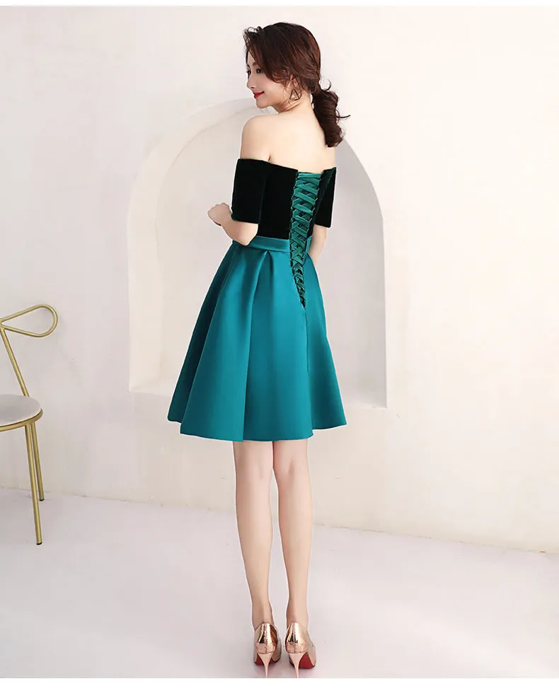 Short Green and Black Off Shoulder Wedding Party Dress, Dark Green Bridesmaid Dress
