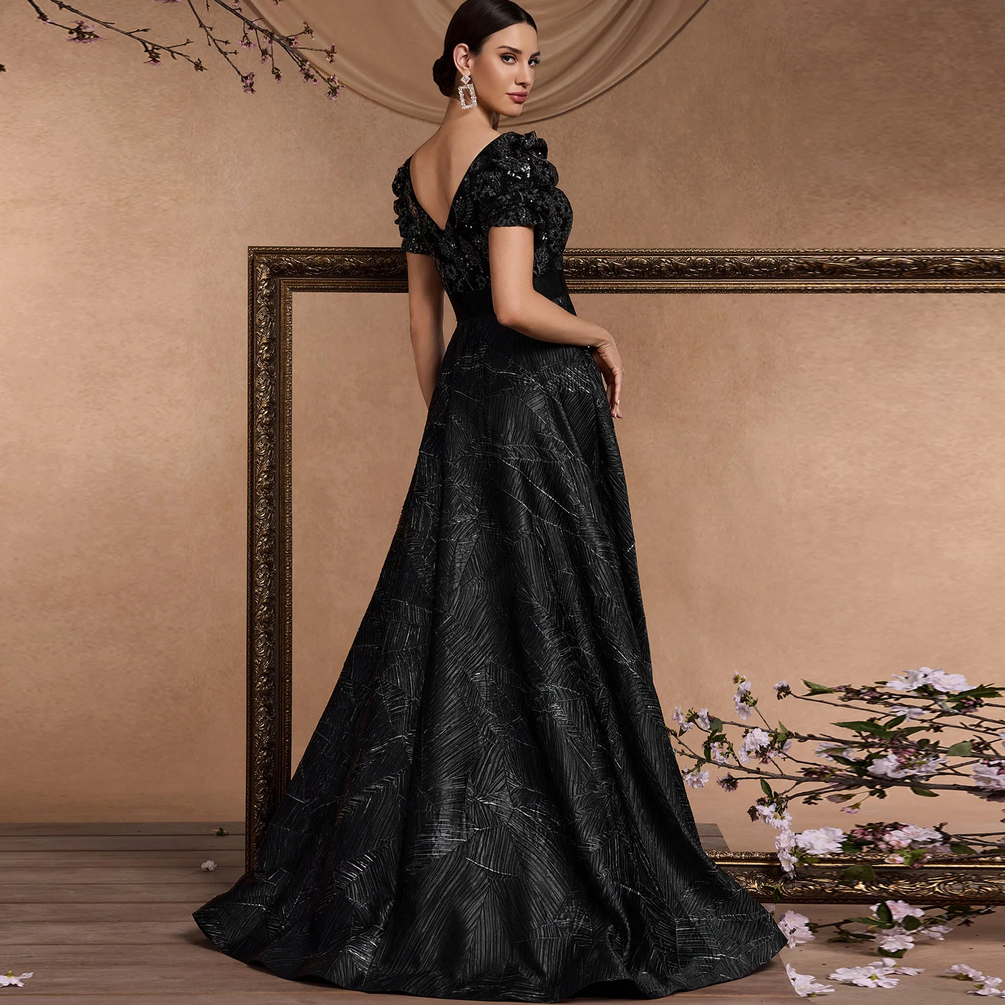 Short Sleeve Black Prom Dresses Formal Gowns for Wedding