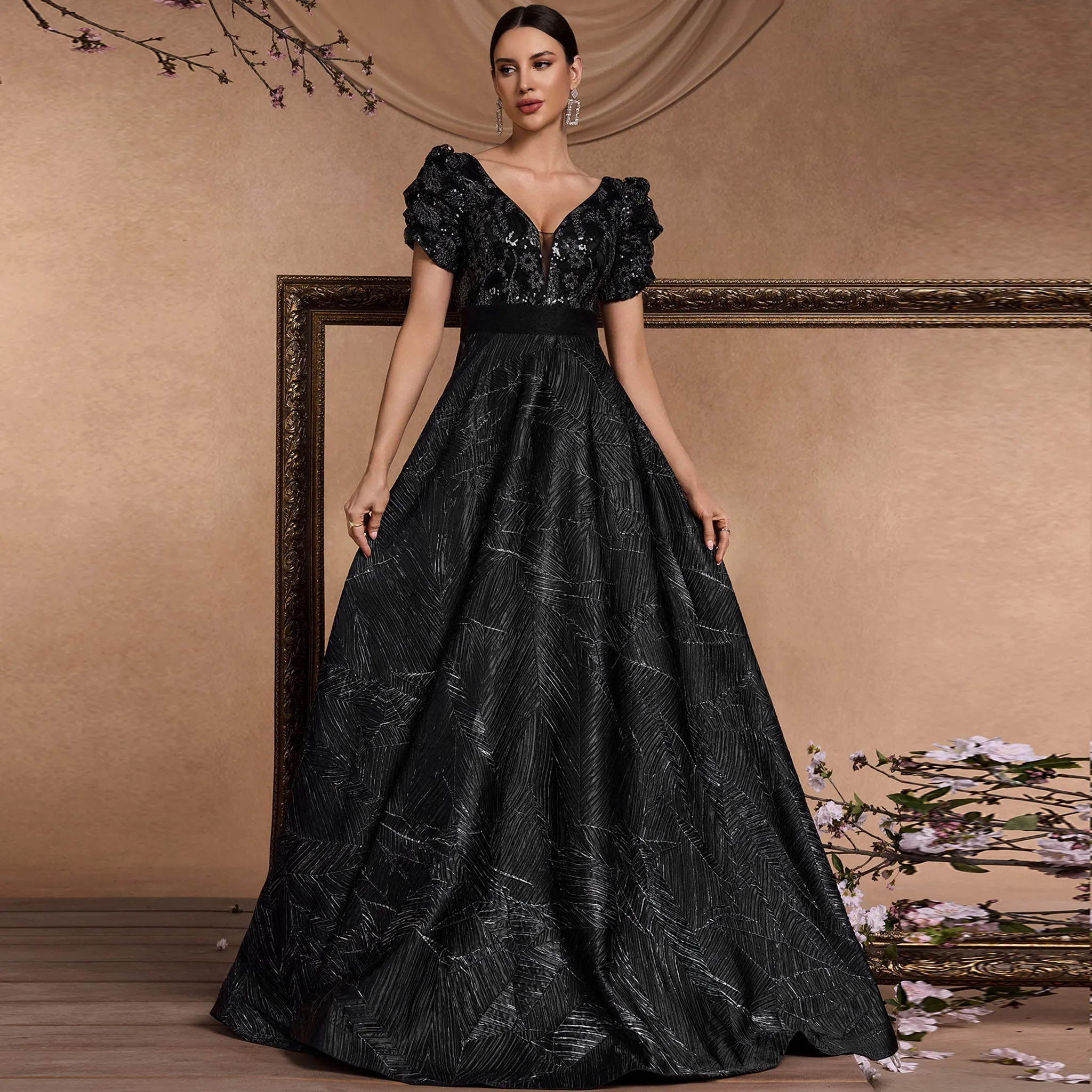 Short Sleeve Black Prom Dresses Formal Gowns for Wedding