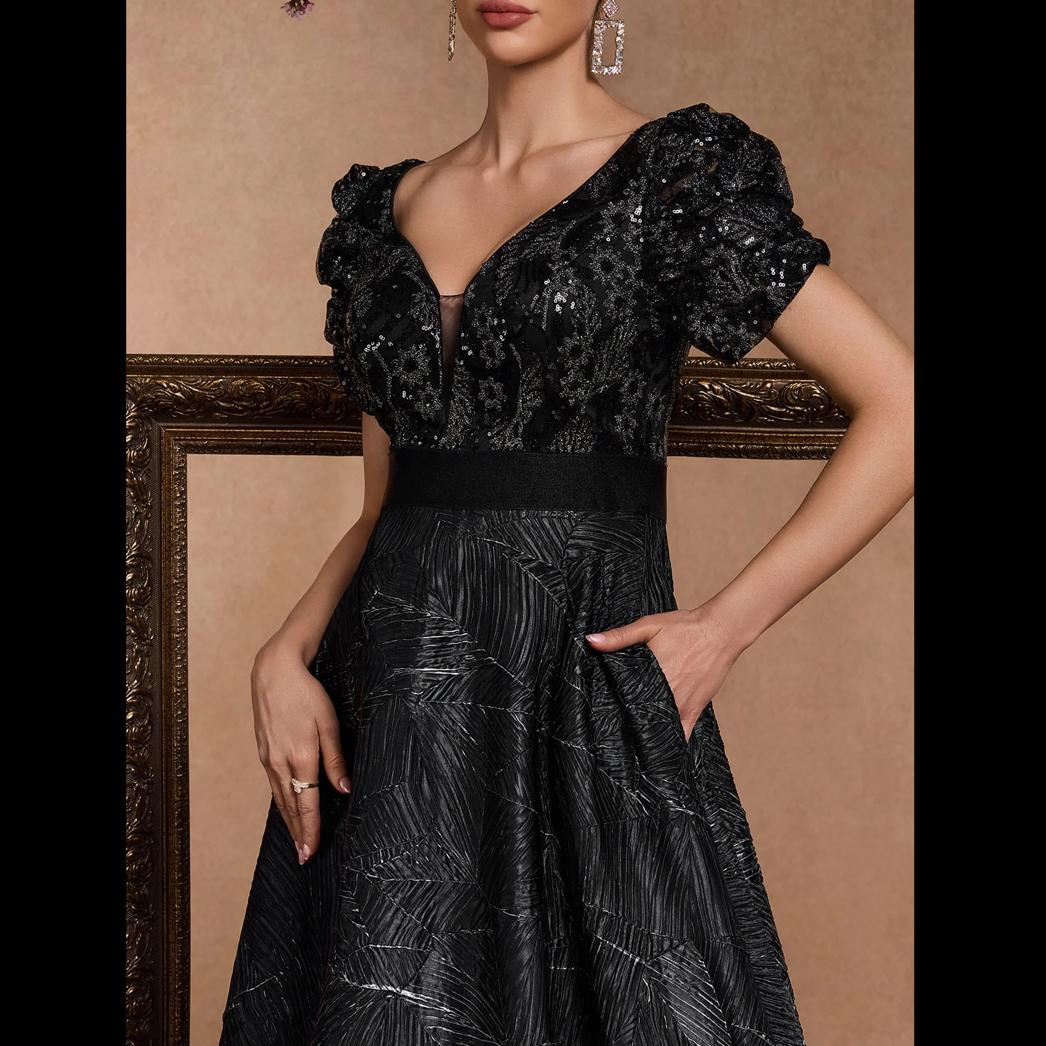 Short Sleeve Black Prom Dresses Formal Gowns for Wedding