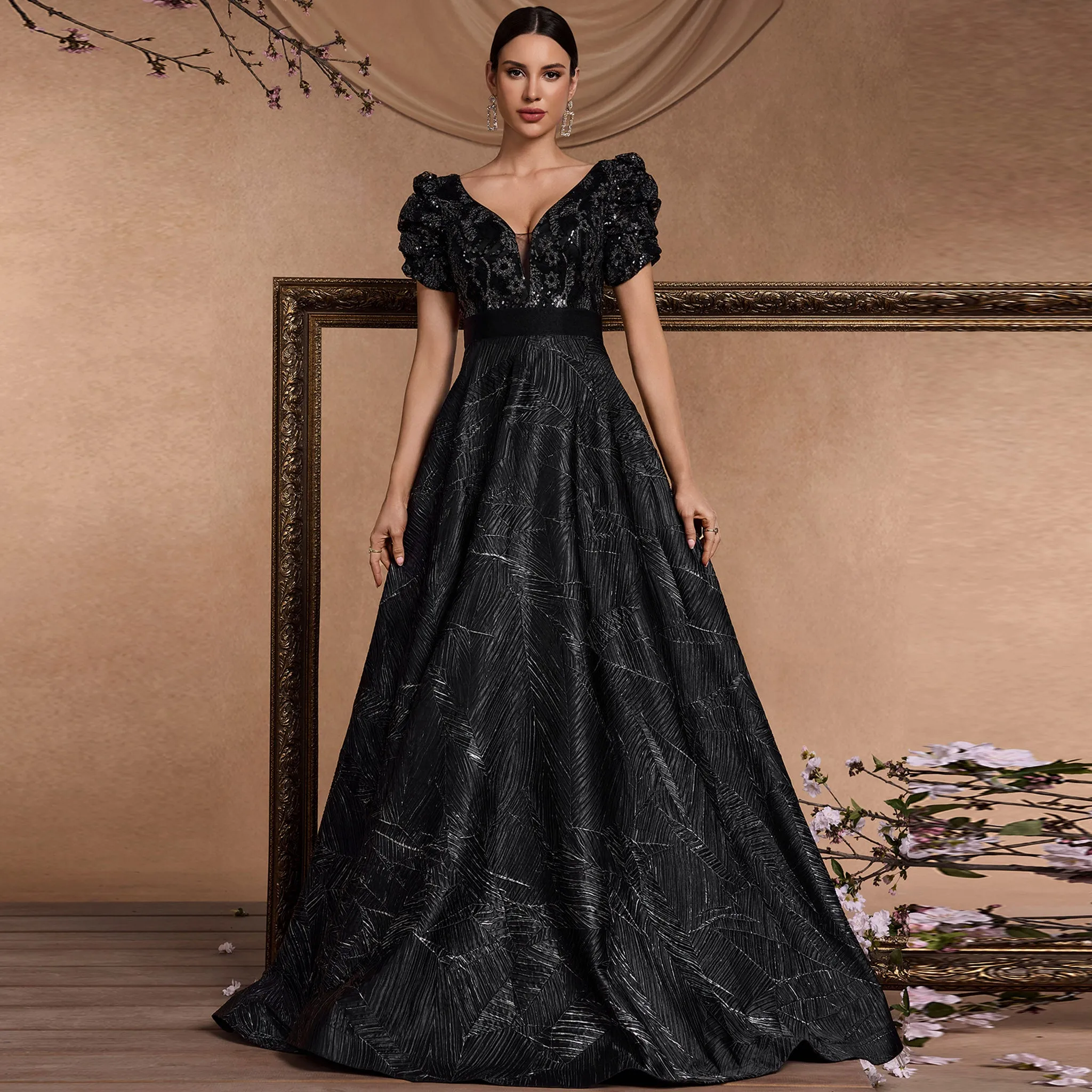 Short Sleeve Black Prom Dresses Formal Gowns for Wedding