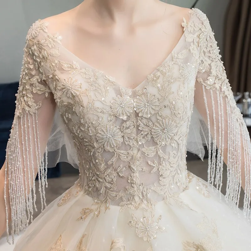 Short Sleeve Gold Lace Shiny Ball Gown Wedding Dresses