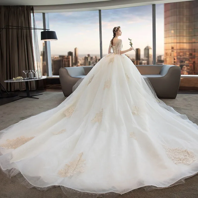 Short Sleeve Gold Lace Shiny Ball Gown Wedding Dresses