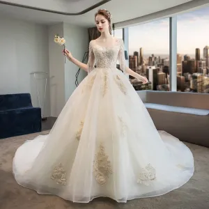 Short Sleeve Gold Lace Shiny Ball Gown Wedding Dresses