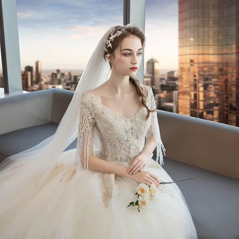 Short Sleeve Gold Lace Shiny Ball Gown Wedding Dresses