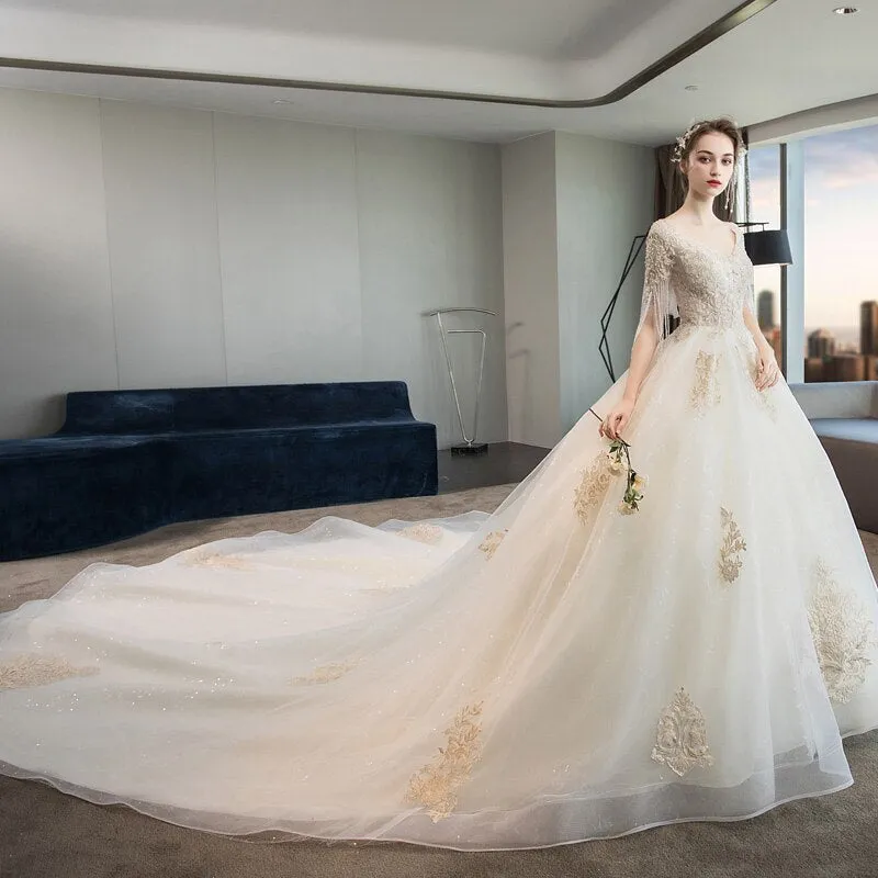 Short Sleeve Gold Lace Shiny Ball Gown Wedding Dresses