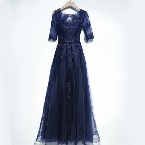 Short Sleeve Navy Lace Sexy Open Back Evening Prom Dresses, Popular Navy Party Prom Dresses, Custom Long Prom Dresses, Cheap Formal Prom Dresses, 17193
