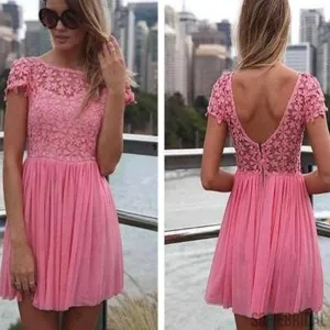 Short sleeve peach pink lace open back freshman homecoming prom dress,BD0046